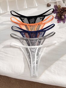 PetitDoll 5 Pcs Women's Lace Bow Decor Sexy Cute Kawaii Everyday Thong Panties All Black Orange Navy Blue All White - Multicolor - View 2