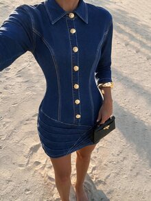Siren Gaze Women's Casual Everyday Summer Denim Dress With Collar - Blue - View 4