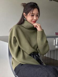 DAZY 女款秋冬百搭休閒純色高領毛衣 - 軍綠色 - 查看 7