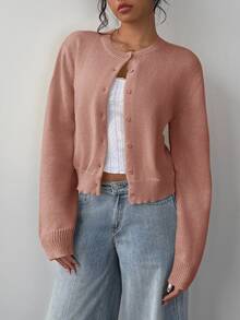SHEIN Tall CURVE 大尺碼休閒 80 年代寬鬆柔軟正常版型純色圓領長袖短版女款黃色針織開襟衫 秋冬春季辦公通勤 - 藕粉色 - 查看 5