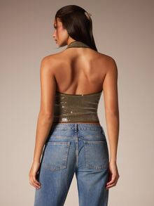 Athîral Women's Solid Color Sequin V-Neck Fashion Halter Tank Top - Green - View 2