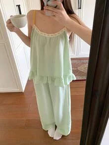 DAZY Women's Contrast Lace Ruffle Hem Camisole Top And Long Pants Pajama Set - Green - View 4
