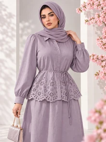 Solavon Plus Size Women's Hollow Embroidery Single-Breasted Shirt And Skirt Elegant Two Pieces Set - Purple - View 3
