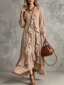 SHEIN PariChic Women's Elegant Fashion Ruffle Trim Dress - Apricot - View 3
