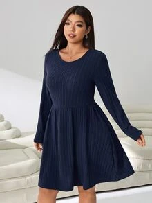 Solflare Plus Size Casual Versatile Solid Color Dress Fall - Navy Blue - View 6