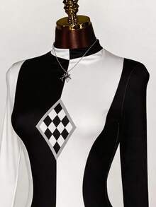 SHEIN ICON 女款假領長袖修身連身衣，適合秋冬與夏季 - 彩色 - 查看 6