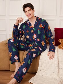 CoupledUp Vintage Santa Claus Gingerbread Man Snowflake Print Boys' Collared Long Sleeve Pajamas Loose Fit Loungewear - Blue - View 3