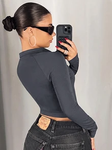 SHEIN ICON 網格拼接小立領前拉鍊修身長袖T恤 - 深灰色 - 查看 4