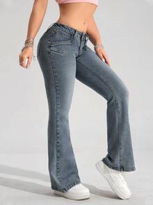 SHEIN Tall Women's Street Style Casual Button Flared Jeans Everyday Date Fall - Light Wash - View 6