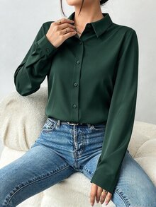 Structelle 女款純色前開鈕扣長袖襯衫，秋季長袖上衣 - 墨綠色 - 查看 7