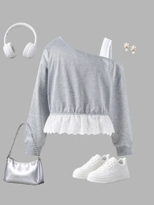 SHEIN Tween Girls Fall Clothes Letter Print Open Shoulder Asymmetrical Hem Casual Sweatshirt Fall Winter, Warm, Outfit, Comfortable, Daily, Long Sleeve - Grey - View 2