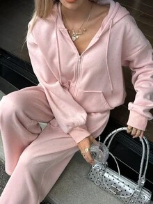 DAZY Women's Rhinestone Long Sleeve Hooded Sweatshirt And Drawstring Waist Pants 2 Pieces Set - Pink - View 2