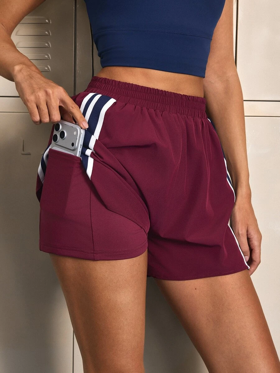CourtClass CourtClass Women's Striped Colorblock Pocket Sports Shorts - Burgundy - View 1