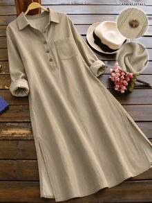 Linhara CURVE Women's Plus Size Casual Commute Blue Solid Color Lapel Long Sleeve Chest Pocket Hem Slit Design Long Dress Suitable For Spring And Autumn - Apricot - View 3