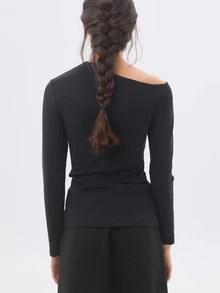 KÆRIA Hus Draped Asym Long Sleeve Top - Sculpted Jersey - Black - Going Out, Fitted, , Party, Slant Shoulder - Black - View 2