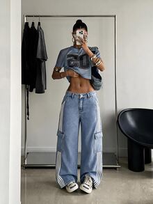 Muchica 女款休閒百搭條紋拼接工裝牛仔褲，運動風寬鬆牛仔褲，街頭牛仔褲，度假禮物，酷炫時尚 - 藍色 - 查看 3