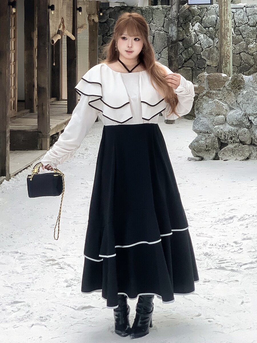 Bijouette Plus Size Japanese-Style Colorblock Ruffle Plus Size Patchwork Dress, Elegant And Sophisticated For Daily Commute - Apricot - View 1