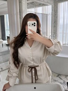 Vibekara Plus Size Loose Casual Striped Belt Shirt, Autumn/Winter Fall - Mint Green - View 3