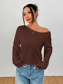 SHEIN PETITE 白色女款長袖套頭毛衣，可披肩穿著，適合秋冬，適合嬌小女性 - 咖啡棕 - 查看 3