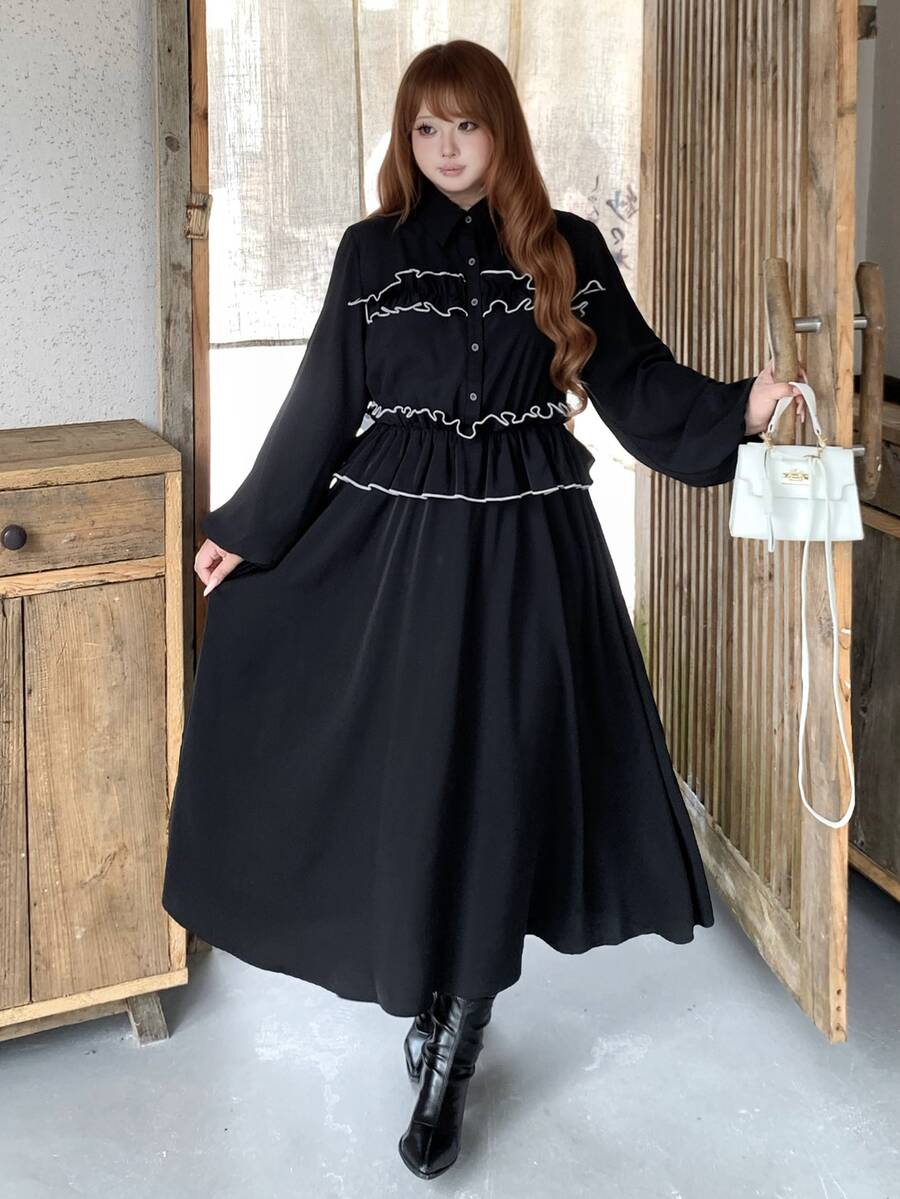 Bijouette Plus Size Women's Colorblock Pleated Casual Party Dress - Black - View 1
