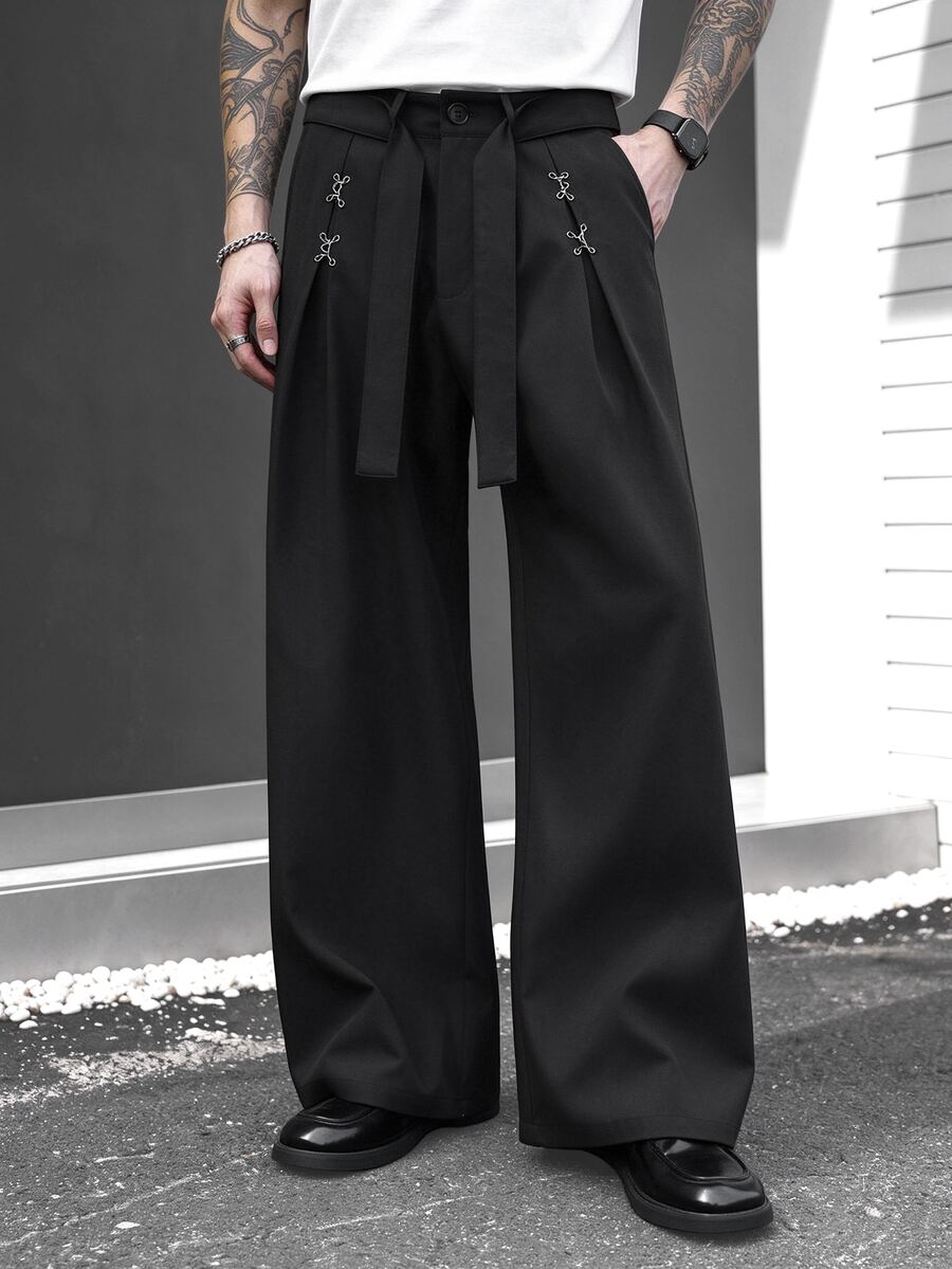 SLATEMANN Men's Casual Button Pleated Pants For Vacation And Travel - Black - View 1