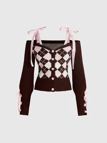ROMWE Kawaii Cute Sweet Girls' Off-Shoulder Lantern Sleeve Cropped Cardigan With Cuff Tie Decoration - Brown - View 1