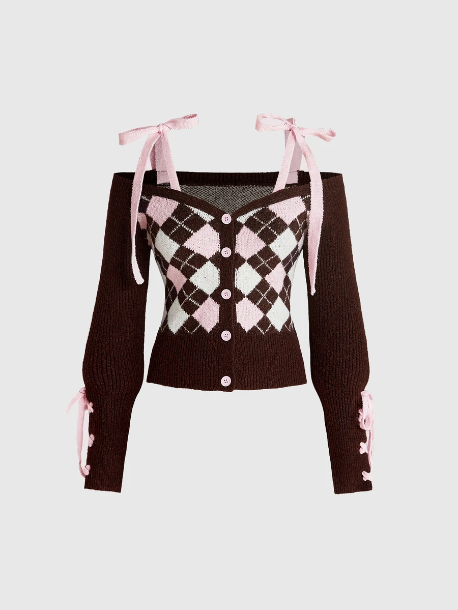 ROMWE Kawaii Cute Sweet Girls' Off-Shoulder Lantern Sleeve Cropped Cardigan With Cuff Tie Decoration - Brown - View 1