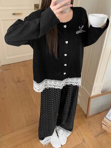 DAZY Women's Contrast Lace Hem Button Design Top And Long Pants Pajama Set - Black - View 4