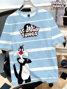 LOONEY TUNES X SHEIN Daypath 男士字母卡通印花休閒日常短袖T恤 - 藍白色 - 查看 1
