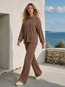 Faunlyn Women's Waffle Knit Button Half-Placket Top And Pocket Long Pants 2 Pieces Set Autumn Clothes For Women Winter Outfit For Women Winter Clothes - Brown - View 1