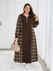 Easowa Curve Plus Size Women's Plaid Casual Party & Travel Dress - Chocolate Brown - View 5