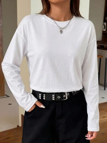 SHEIN EZwear 95%棉 白色長袖百搭女款T恤，適合秋冬穿著 - 白色 - 查看 6