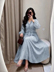 Modelyn Women Dusty Blue V Neck Ruffle Long Sleeve Midi Dress, Elegant Flowy A Line Fall Dress, Modest Wedding Guest Evening Party Dress For Autumn - Blue - View 11