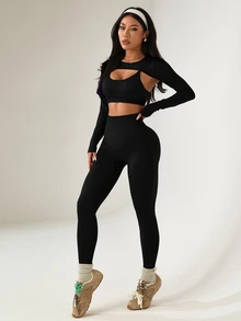 Dewbera Dewbera Women's Solid Color Long Sleeve Top + Camisole + High Waist Pants Sports Suit - Black - View 5