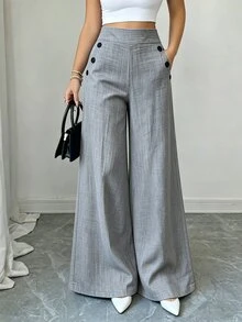 Elenzga Women's Fashionable Commuter Wide Leg Pants - Light Grey - View 7