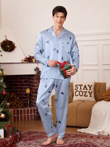 CoupledUp Blue & White Vertical Striped Christmas Tree, Candy Cane & Reindeer Print Men's Turn-Down Collar Long Sleeve Pajama Set With Long Pants - Blue - View 6