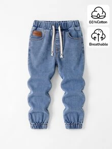 SHEIN Mirajuku 男童秋季棉質水洗多功能時尚休閒舒適寬鬆設計，彈性腰帶，抽繩，適合四季，度假，返校季，藍色水洗工裝風牛仔長褲 - 淺色水洗藍 - 查看 3