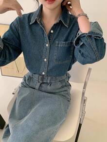 DAZY Light Wash Blue Collared Pocket Loose Long Sleeve Denim Shirt Spring Summer Autumn - Blue - View 7