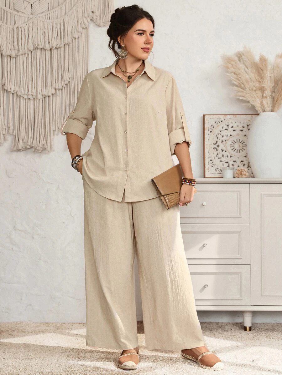 EMERY ROSE Plus Size Women's Fall/ Casual Elegant Matching Lace Patchwork Back Design Shirt And Pants 2 Pieces Set With Pockets Vacation Beige - Apricot - View 1
