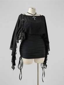 SHEIN CURVE+ Plus Size Women Solid Color Boat Neck Extra Long Sleeve Top And Pleated Cami Dress Set - Black - View 3