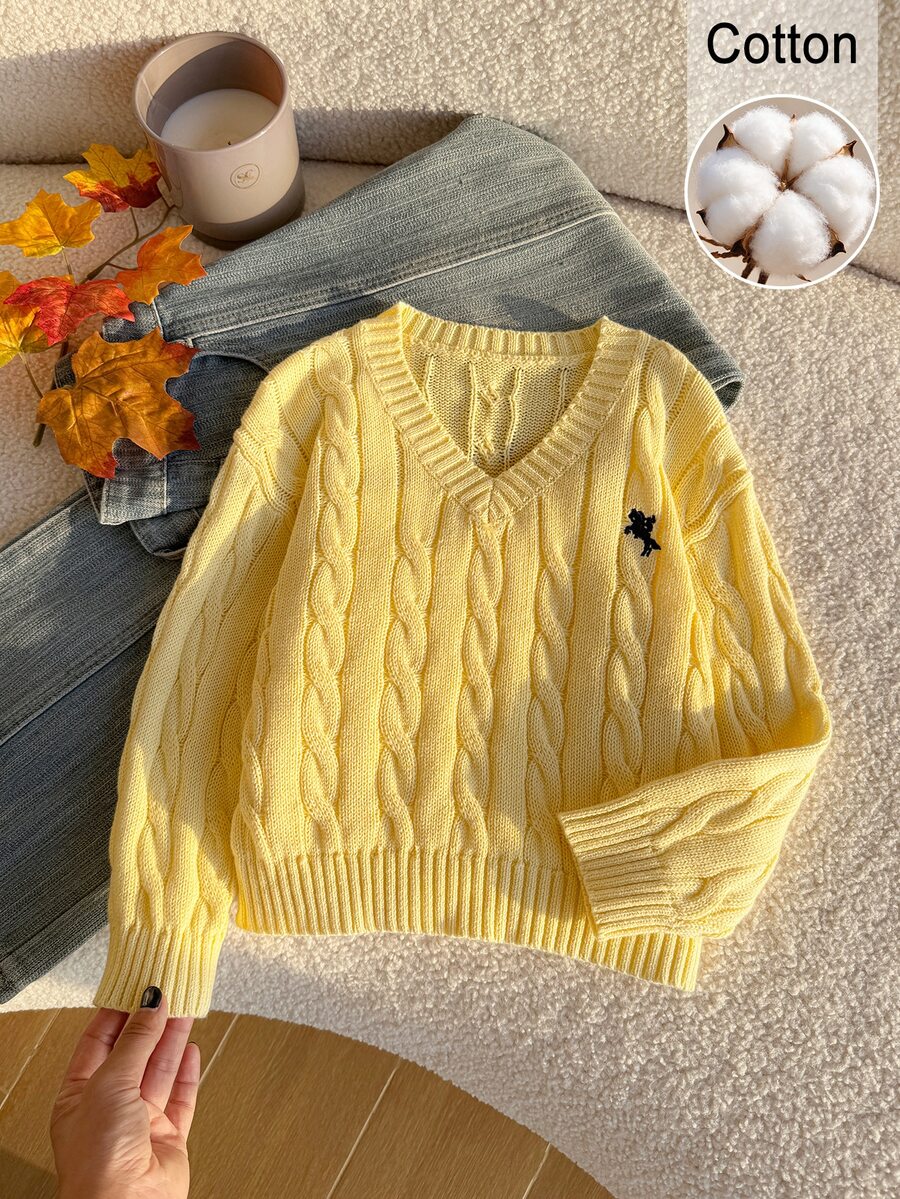 SHEIN Baby Girl V-Neck Knit Pullover Sweater With Twisted Rope Design And Embroidered Pattern, Cute Delicate Stylish Casual Daily Wear Suitable For Outings And School - Yellow - View 1