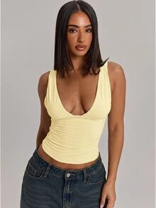 SHEIN BAE 95%棉女款休閒性感修身深V領背心 - 淡黃色 - 查看 5