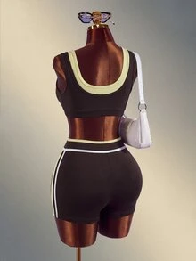 Mistrie 1pc Brown & Yellow Colorblock Tank Top Two-Piece Yoga Sports Set - Multicolor - View 7