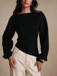 Poéselle Women's Elegant Ribbed Jacquard Asymmetrical Hem Warm Sweater, Fall Winter Knit Top For Work, Dating, Vacation, Party & Holiday Outfits - Black - View 1