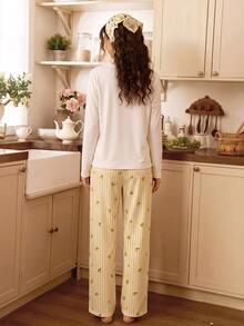 Tulorae Women's Casual Round Neck Pastoral Lemon Striped Print Long Sleeve Long Pants Pajama Set - Multicolor - View 2