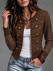 LUMIGAL Women's Long Sleeve Button Design Casual Knit Cardigan - Brown - View 3