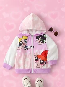 THE POWERPUFF GIRLS X SHEIN هودي بسحاب مطبوع برسومات كرتونية للفتيات الصغيرات - وردي - مشاهدة 1