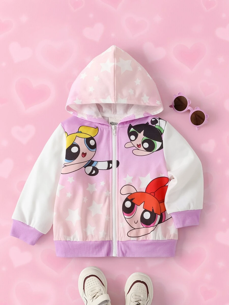THE POWERPUFF GIRLS X SHEIN هودي بسحاب مطبوع برسومات كرتونية للفتيات الصغيرات - وردي - مشاهدة 1