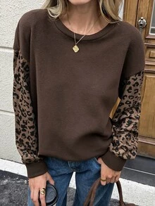 SHEIN LUNE 休閒街頭風女款秋冬拼接豹紋長袖衛衣 日常穿搭 黑白豹紋 西式校園風 - 棕色 - 查看 3