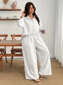 Enliva 大尺碼女款棕色亞麻兩件套 3/4 袖鈕扣襯衫寬腿褲休閒商務休閒套裝居家早午餐夏季穿搭 - 白色 - 查看 6